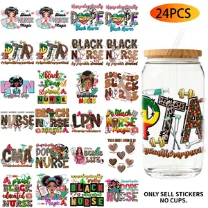 UV DTF Transfer Stickers - 24Pcs/Set Sticker Packs Black Nurse Theme UV DTF 16OZ DIY Transfer Stickers For 16 Oz Water Bottle Glass Jar Laptop Home Decor DIY High Viscosity Transfer Paper