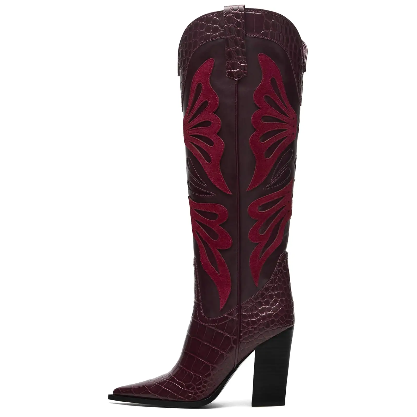 AOSPHIRAYLIAN Women's Western Butterfly Embroidery Leather Cowboy Boots - Pointed Toe, Chunky Heel, Wide Calf, Mid-Calf, Reinforced Pull-On Vintage Footwear for Western OOTD, Cowboy Aesthetic, Statement Shoes