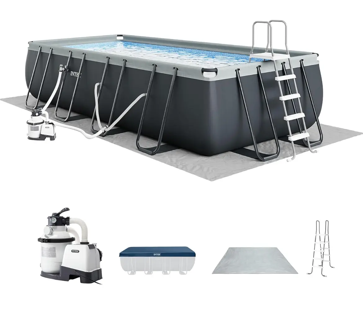 18 ft x 9 ft 52 in Above Ground Pool Set, Rectangular Swimming Pool with Steel Frame, 1500 GPH Sand Filter Pump, Ladder, Cover, & Ground Cloth