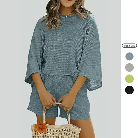 Imily Bela Womens Short Sets 2 Piece Outfits 3/4 Sleeve Tops and Elastic Waist Shorts Lounge Set Casual Loungewear
