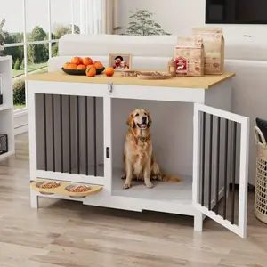 39" Foldable Wooden Dog Crate Furniture, Pre-Assembled Indoor Dog Kennel for Large Dogs, Portable Dog Cage with 360° Rotating Feeder, White