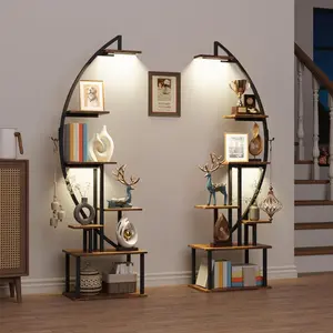 2 Pack Tall Bookshelf with Lights, Ladder Bookcase, Stable Arched Home Office Storage Book Collectibles Shelves, 64" Modern Corner Display Shelf for Room Decoration, Rustic Brown