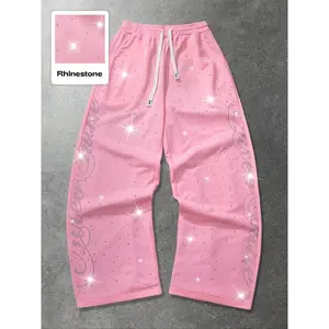 Street Life Streetwear Style Rhinestone English Text Straight Leg Sweatpants Casual Lounge Pants