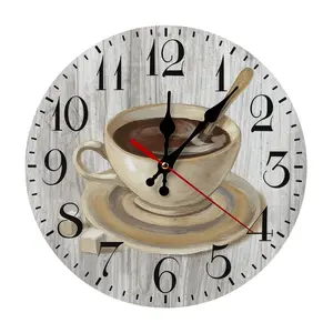 10/12 Inch Coffee Cup Rustic Wooden Wall Clock | Silent Non-Ticking Farmhouse Kitchen Decor, Battery Not Included, Perfect Gift For Coffee Lovers, Kitchen, Coffee Bar