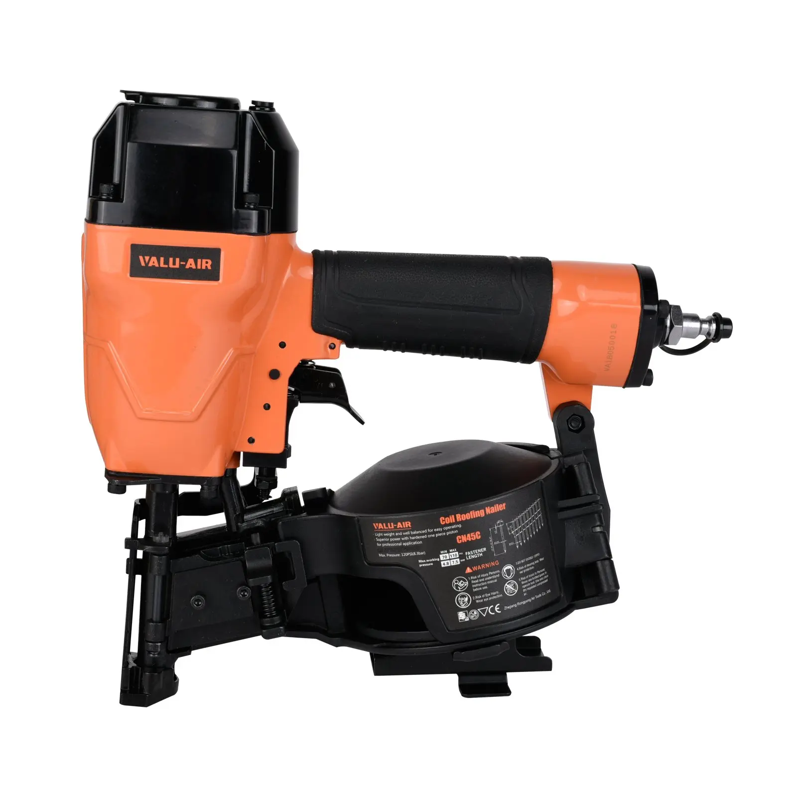 Valu-Air Heavy Duty Roofing Coil Nailer, 15° Nail Fit, 3/4-in to 1-3/4-in Nail Capacity, Heat-Treated Body Durable Construction Power Tool