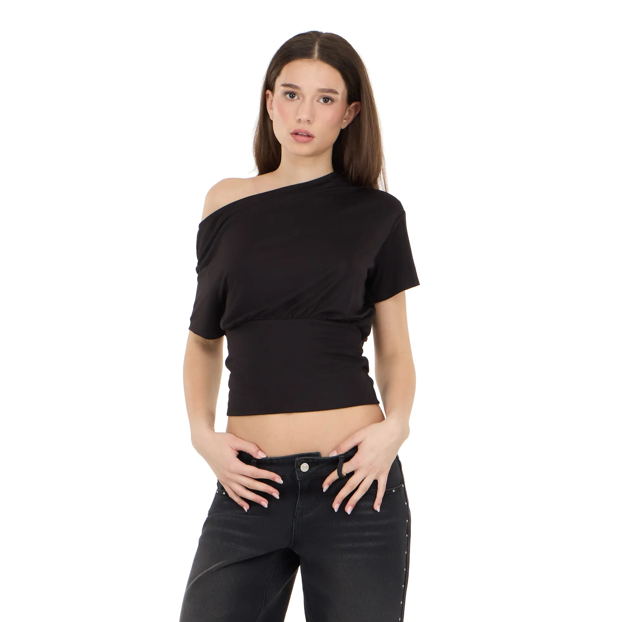 Forever 21 Women's Off-Shoulder Short-Sleeve Draped Blouse - Pull On, Fitted Waist, Asymmetrical, Cinch Detail, Elegant, Balanced Silhouette, All Seasons Transitional Top (Pairs with Skirts, Jeans)