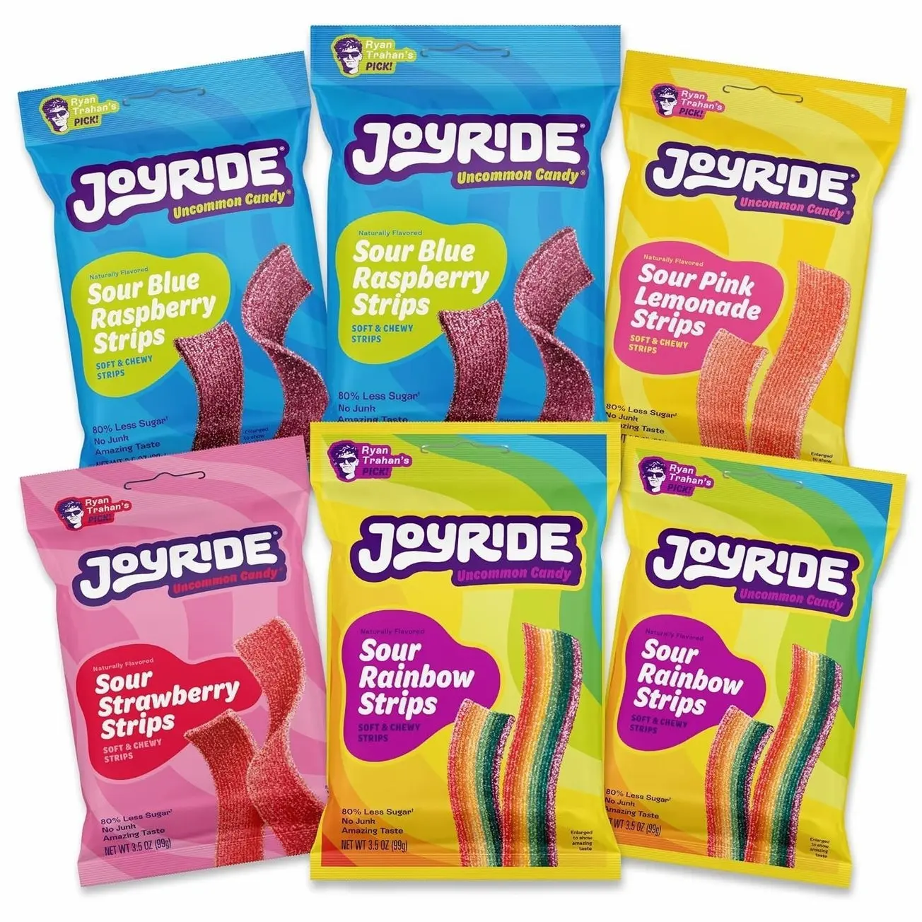 JOYRIDE Sour Strips Variety Pack - Sour Belt Candy, 6-Pack Bundle | Includes Blue Raspberry, Strawberry, Pink Lemonade, and Rainbow.Low Sugar, Dye Free, Low Calorie Sour Gummies