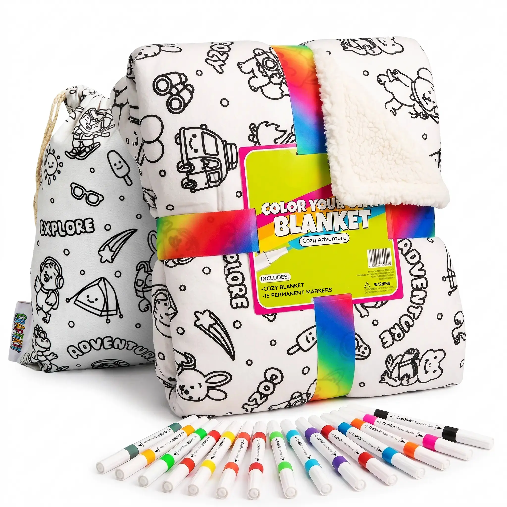 Kids Coloring Sherpa Blanket Kit - 60" by 40" Non-Woven Fabric, Travel Animals Design, Lightweight, Machine Washable, Fabric Markers, Tote Bag Included | Holiday Birthday Gift