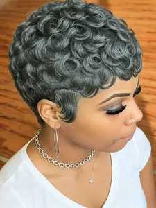 Short Curly Pixie Cut Human Hair Wig, Gray Wavy Wigs, Full Machine Made , Easy Install Short Wig, Trendy Daily Wear Hairstyle Wig For  Women
