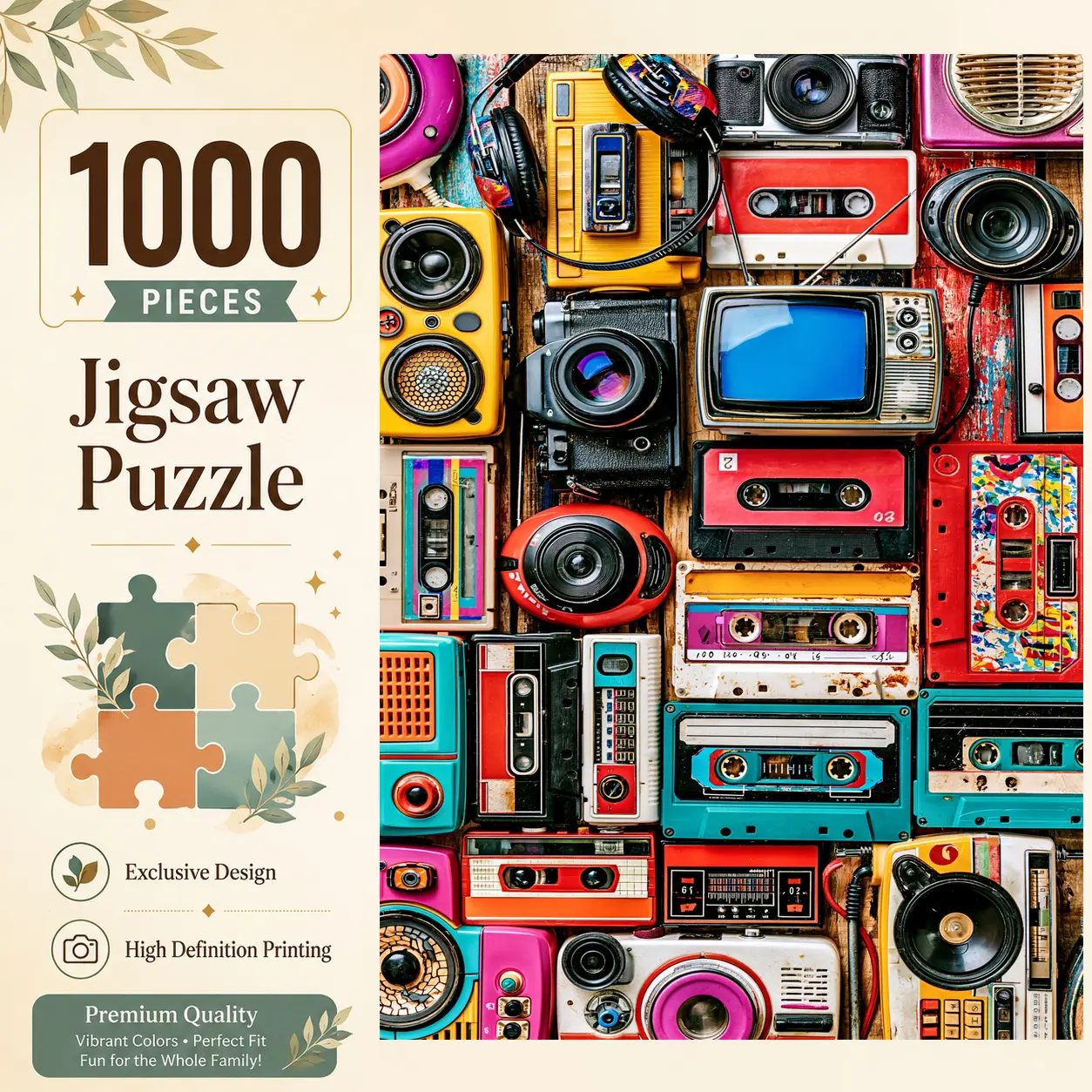 Colorful Retro Cameras and Cassette Tapes 1000 Pieces Jigsaw Puzzle for Adults, Challenging Family Game for Stress Relief Relaxation and Brain Exercise, Vintage Electronics Wall Decor Gift for Collectors and Seniors, 19.7×29.5 inches（50×75cm）