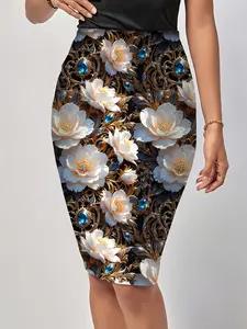 Spring/Summer High-Waisted Skirt with Sapphire 3D Print, Straight-Leg Skirt, Bodycon Skirt, Stretchy and Slimming