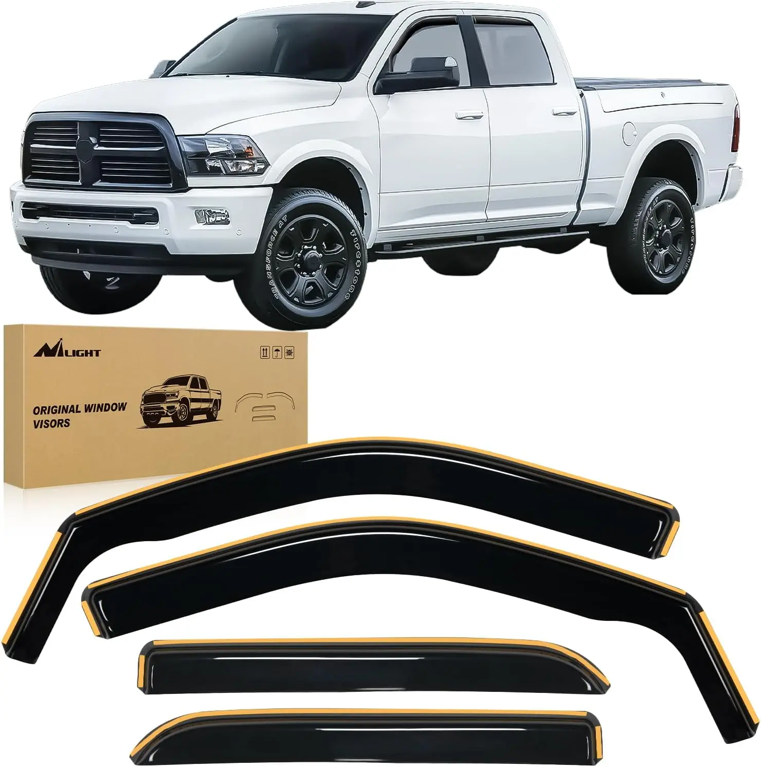 Nilight In-Channel Rain Guards for Ram 1500 2009-2018 Crew Cab, 2019-2023 Ram 1500 Classic Body - 4PCS Original Window Deflectors, Vent Window Visors, Chrome Trim Car Accessory Truck Exterior Accessory
