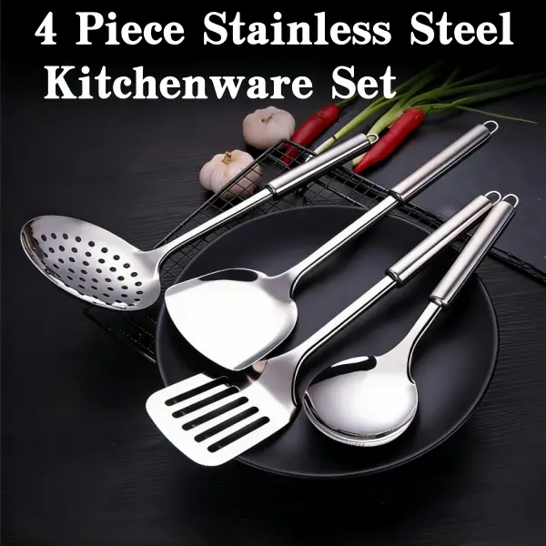 4 PACK Cooking Utensils Set, Stainless Steel Kitchen Utensils, Comically Large Spoon, Wok Utensils Set Include Wok Ladle, Slotted Spoon, Wok Spatula and Slotted Spatula, Dishwasher Safe