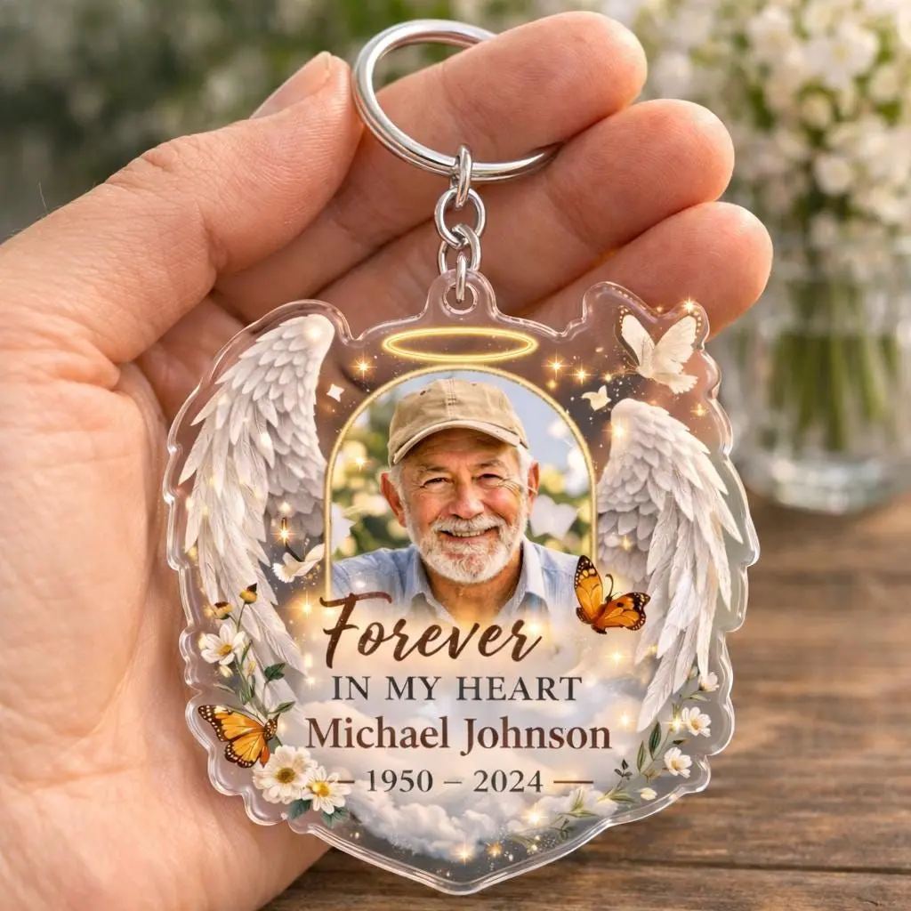 Personalized Memorial Photo Keychain, Custom Angel Wings Remembrance Gift, Forever In My Heart Sympathy Gift Loss Of Loved One