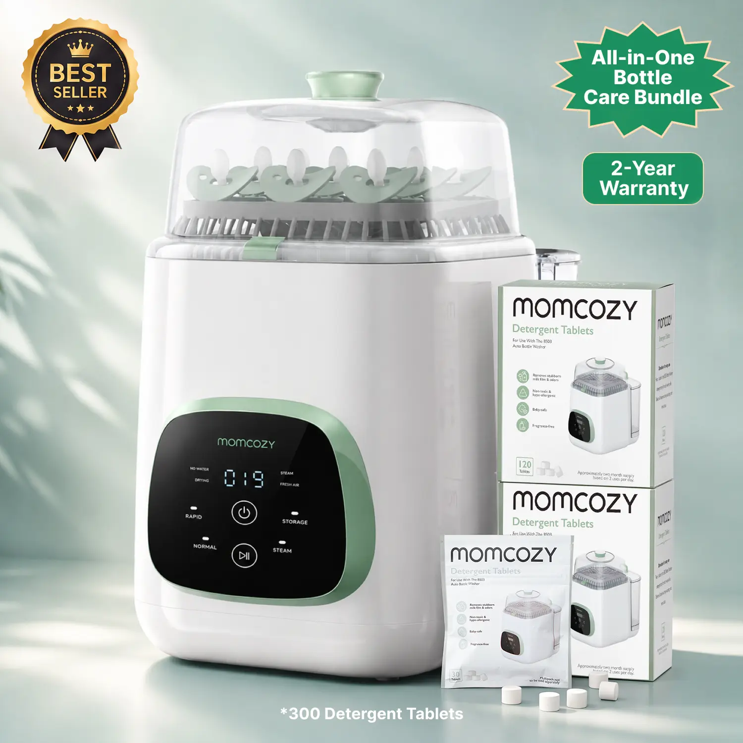Momcozy KleanPal Pro Baby Bottle Washer, Sterilizer & Dryer with 300 Detergent Tablets - All-in-One Cleaning Machine for Bottles, Pump Parts & Baby Essentials Bottle Sanitizer Dryer, Newborn Baby Stuff