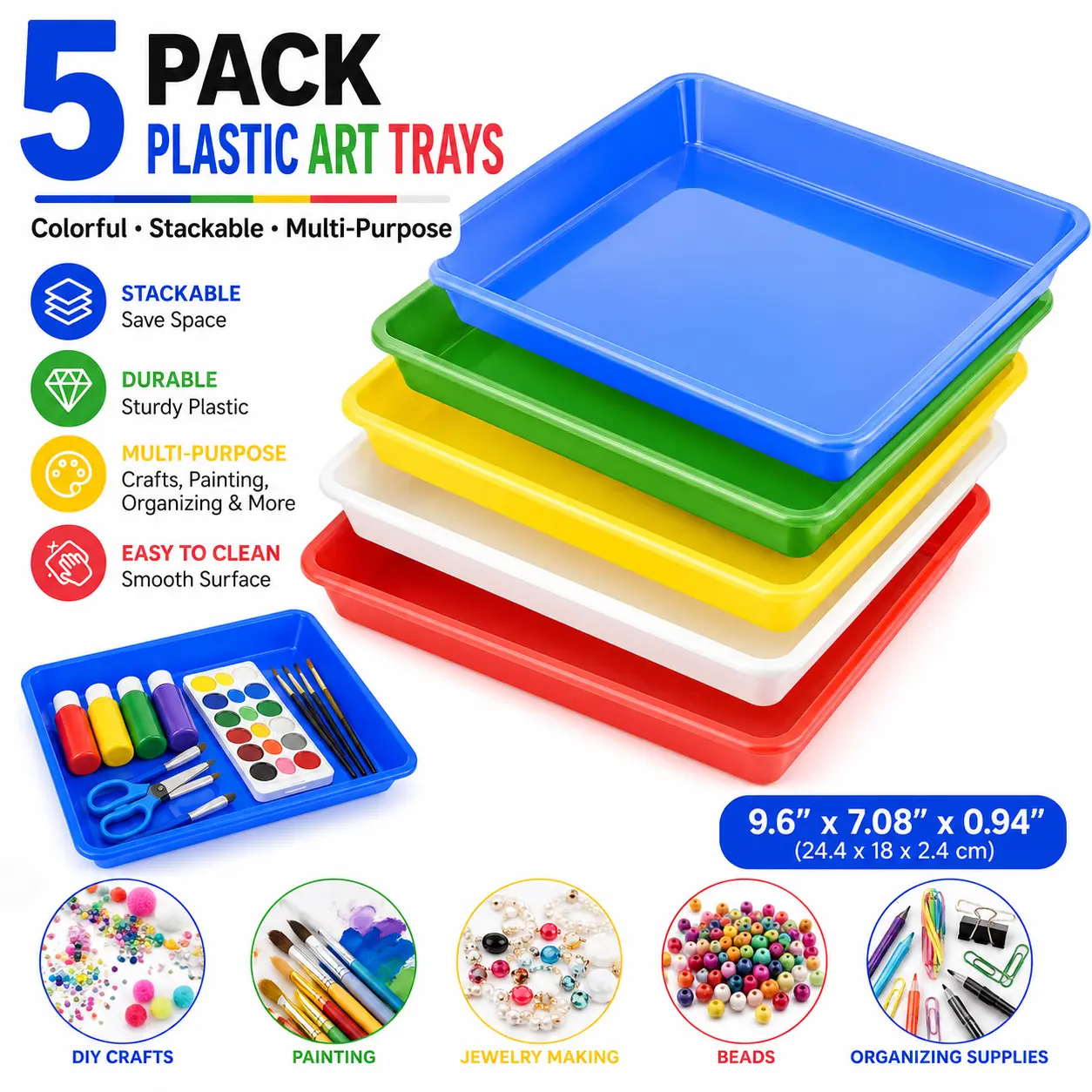 Plastic Art Trays,5 Pieces Stackable Activity Crafts Organizer, Serving, Jewelry Tray for DIY Projects, Painting, Beads, Organizing Supply,5 Color (9.6 x 7.08 x 0.94 inch)