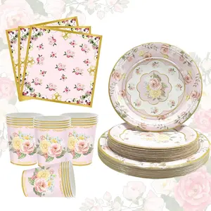 96 Pcs Tea Party Decorations, Floral Paper Plates Floral Cups & Napkins Set for Serves 24, Disposable Plates for Baby Shower, Bridal Shower, Wedding, Garden Party