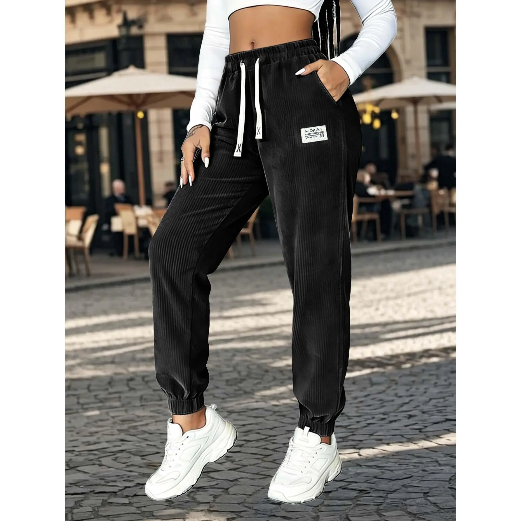 Women's Spring/Fall Corduroy Activewear Pants Solid Color with Drawstring and Pockets Soft Comfortable Fabric for Daily Casual Wear Spring/Fall Women's Cuffed Pants Elastic Waistband with Drawstring Solid Color Casual Pants