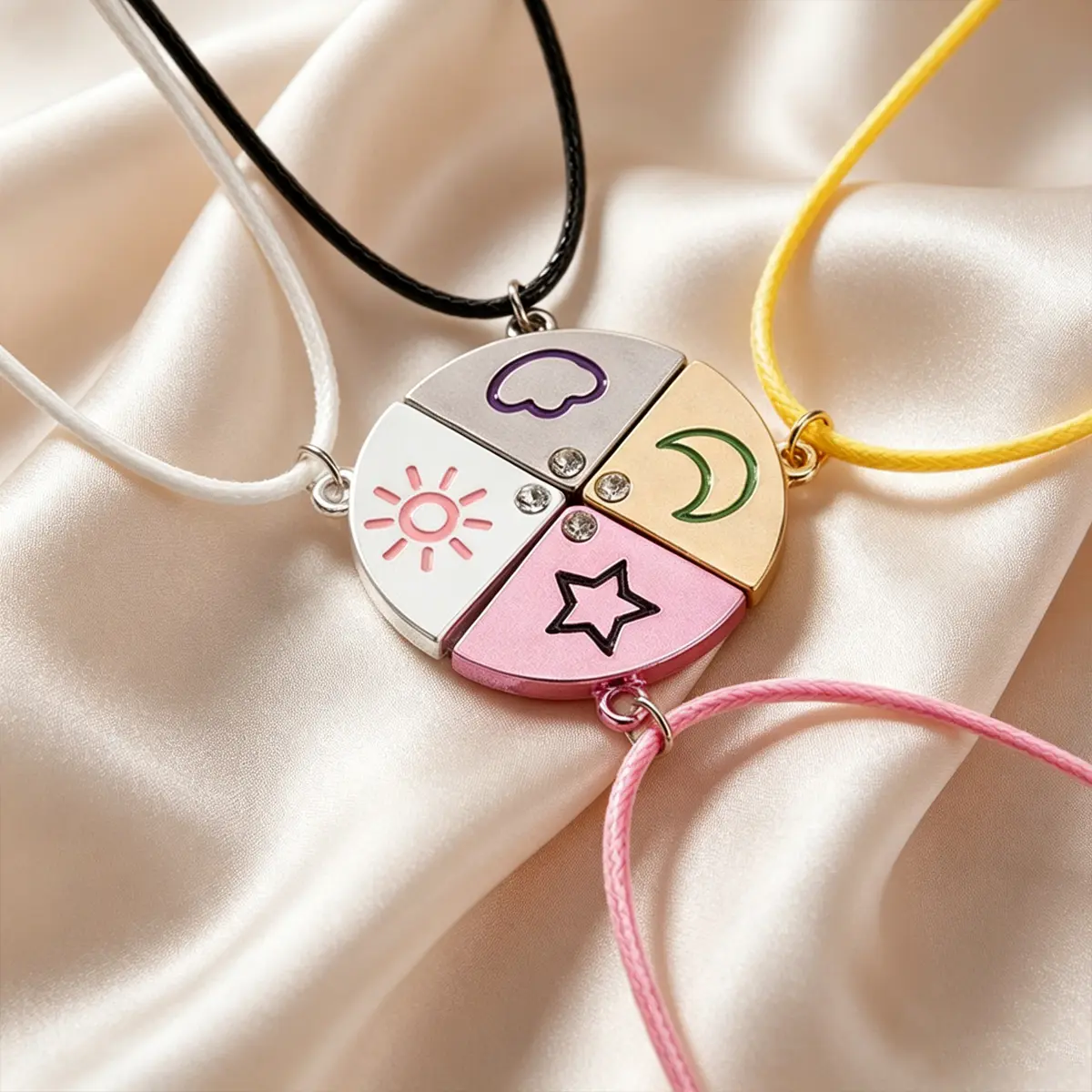 2026 Upgrade Set of 4 Round Rhinestone Star Moon Sun Cloud Friendship Necklace BFF Best Friends Forever Fantasy Cute Pendant for Unbreakable Friendship