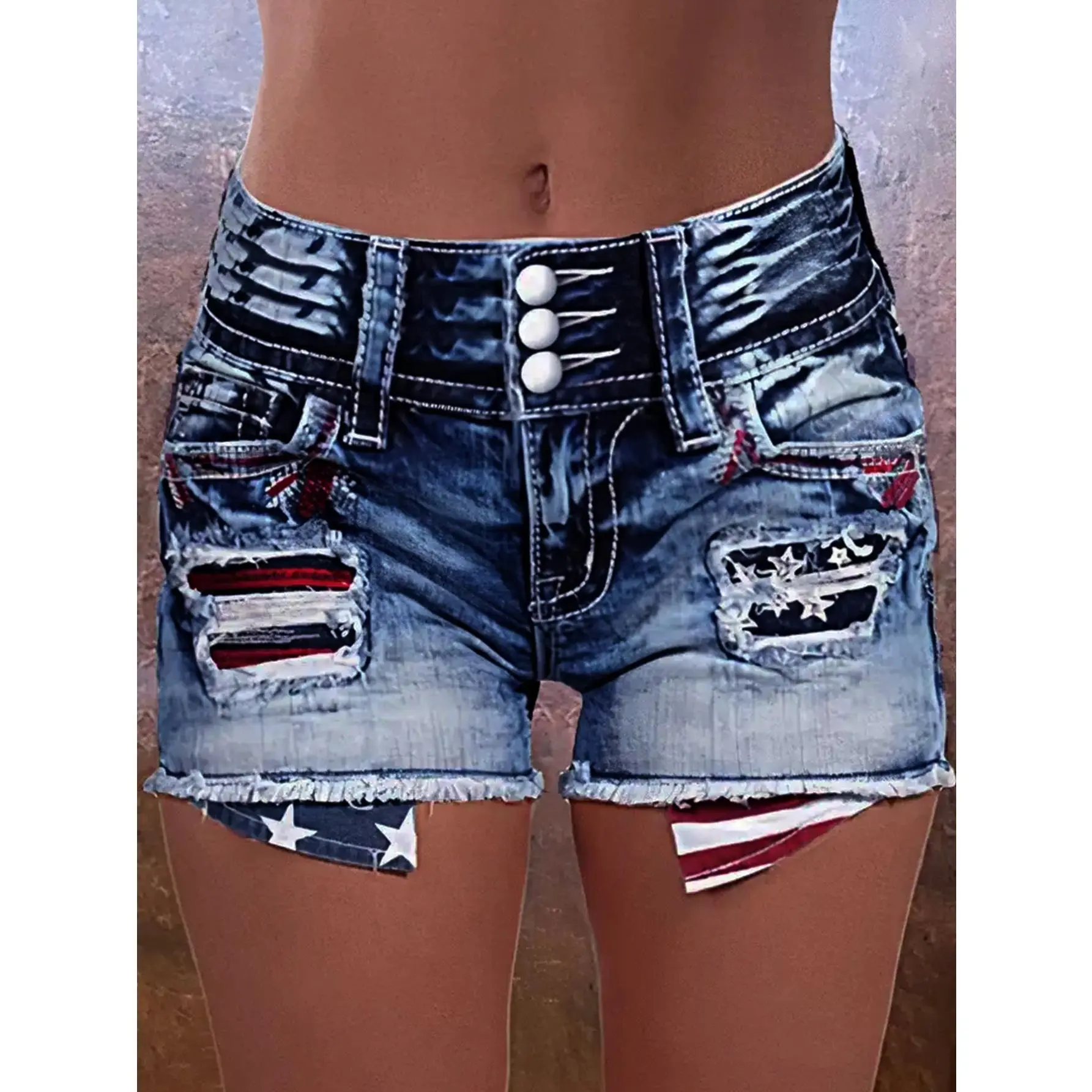 2025 Women's Ripped Mid-Length Woven Shorts - Stretch Washed, Flag Print, Comfortable Breathable Streetwear, Machine Washable Casual Bottoms, Outfit Complements