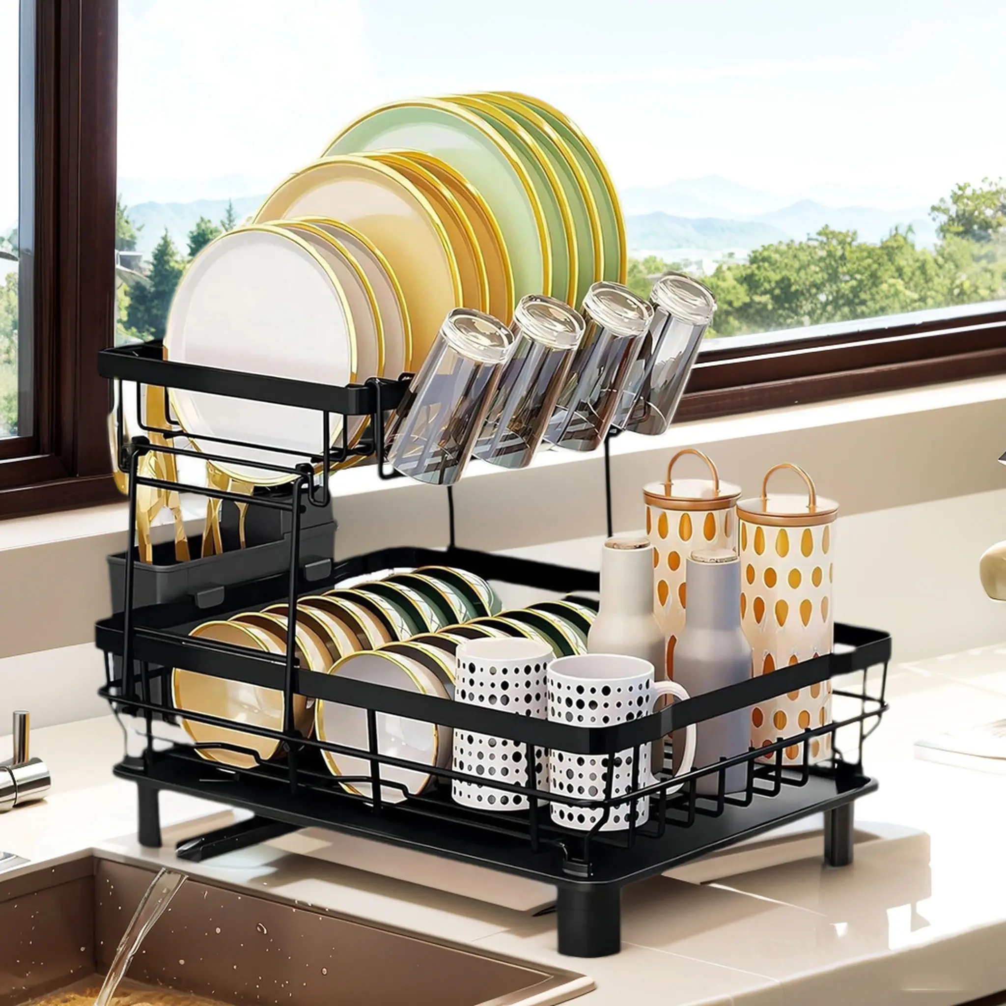 2-Tier Metal Countertop Dish Rack with Drainboard, Adjustable Spout, Utensil Holder, Knife Slots, Rustproof, Durable, Sturdy, Classy, Easy-to-Install Kitchen Counter Sink Organizer, Thanksgiving Gift