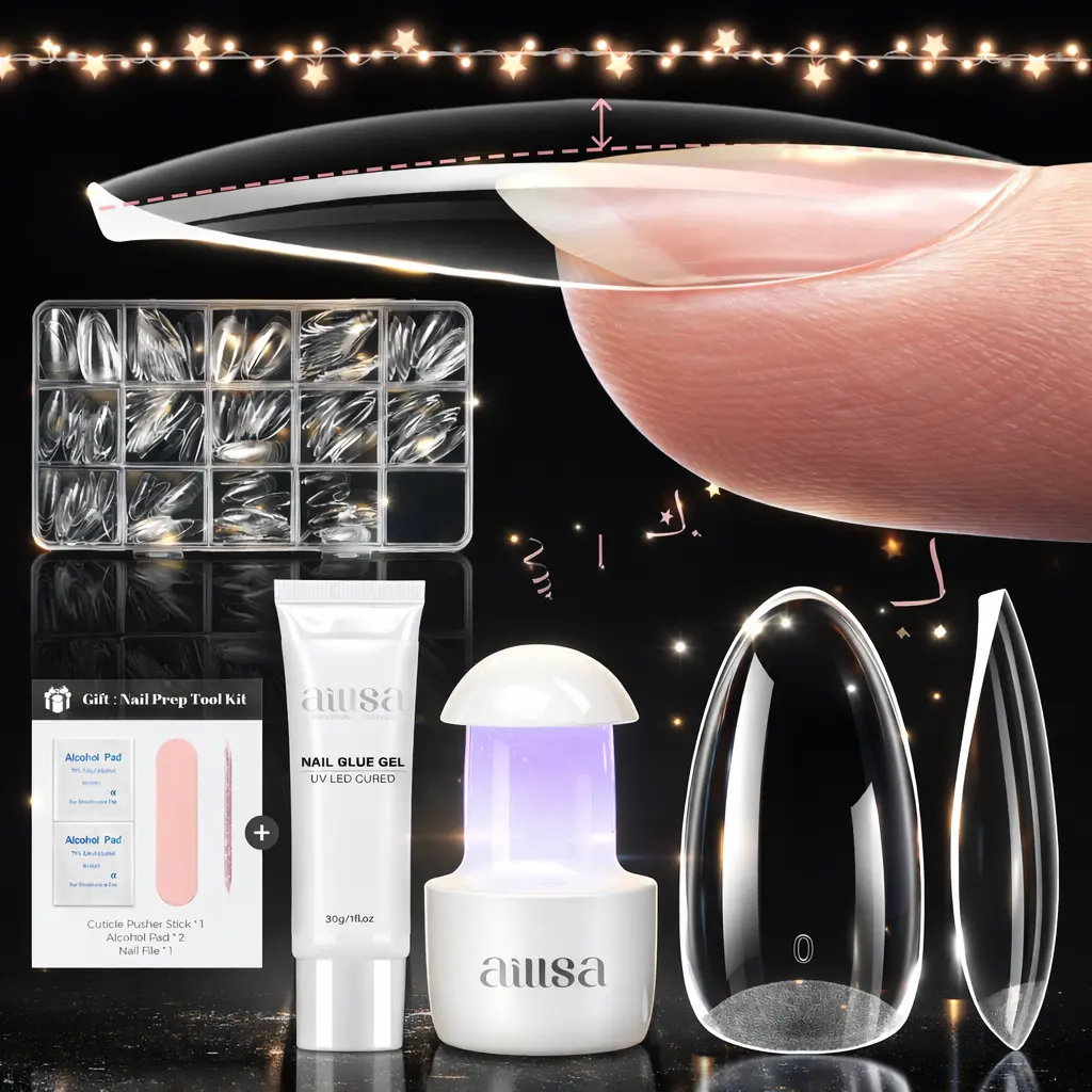 AILLSA 2.0 Built-in Curve Fit Clear Nail Tips Set, Mini UV Cure Lamp, 30g Strong Solid Nail Glue Medium Almond Full Cover Nail Extensions Thicker Acrylic Nails Pre-sculpted Press-On Nail gel x nail gift for Flat Nails DealsForYouDays