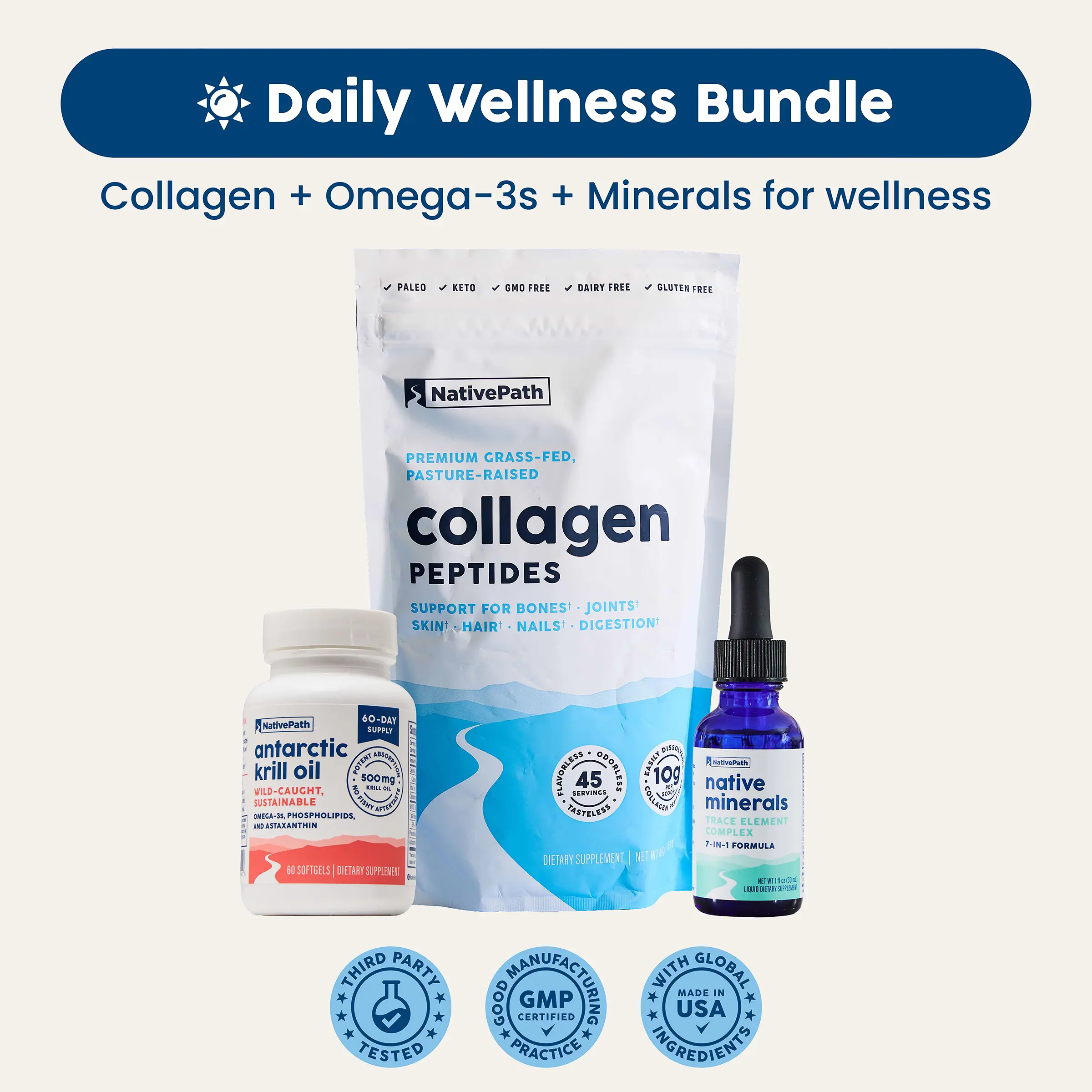 NativePath Collagen, Krill Oil & Minerals Bundle - Grass-Fed Collagen + Antarctic Krill Oil with Omega-3s & Astaxanthin + 7 Essential Trace Minerals - Complete Brain, Heart, Joint & Cellular Health Support