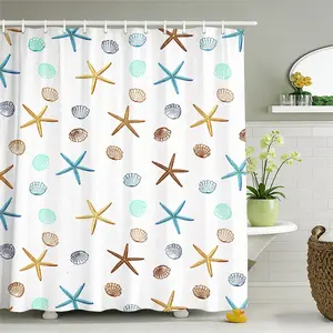 Ocean Bathroom Shower Curtain Starfish Shell Pattern, Fresh Vacation Style Bath Divider, Home Decor Privacy Screen, No Drilling Required