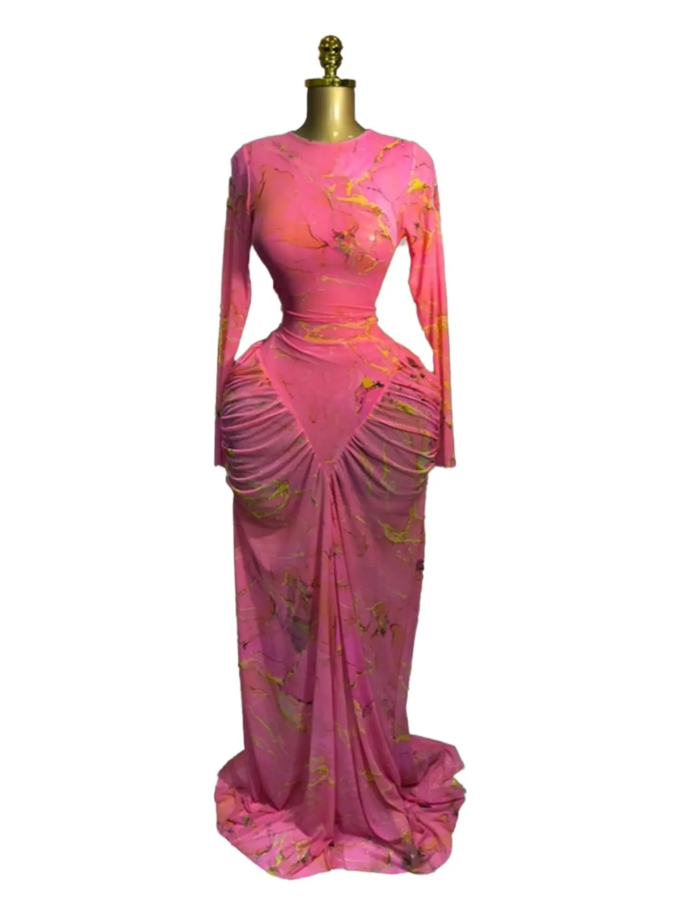 PULKRITU Women's Tie-Dye Print Layered Ruffle Long Sleeve Midi Dress, Slim Fit Fashion Party Dress, Casual Dress, Ruched Midi Dresses, Mesh See Through Long Dresses, Formal, Bodycon Party Dress, Date Night Dress