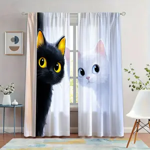 Cute Cat Curtains, Transparent Cartoon Print, Lightweight Breathable Easy Care, Ideal for Bedroom, Kids Room, Pet Lovers