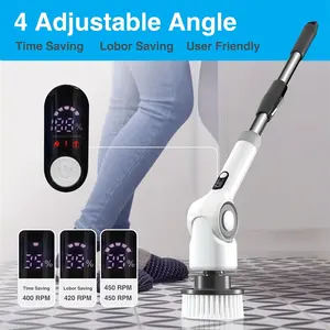 Electric rotary scrubber, rechargeable shower scrubber with long handle, 7 interchangeable brushes, 3 speeds and variable angle, powerful scrubber for bathrooms, bathtubs, toilets and tiles