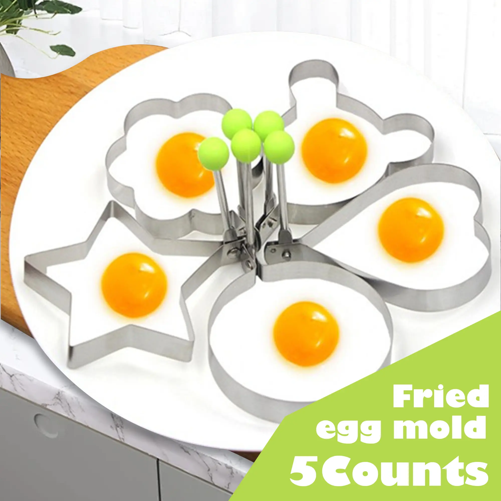5 Counts Stainless Steel Fried Egg Rings, Non-Stick Egg Shaper Molds with Handle for Griddle Pan Cooking Shaped