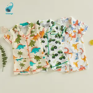 Toddler Baby Boy Summer Outfit Dinosaur/Tractor Print Button Down Lapel V Neck Short Sleeve Tops and Shorts 2 Pcs Set