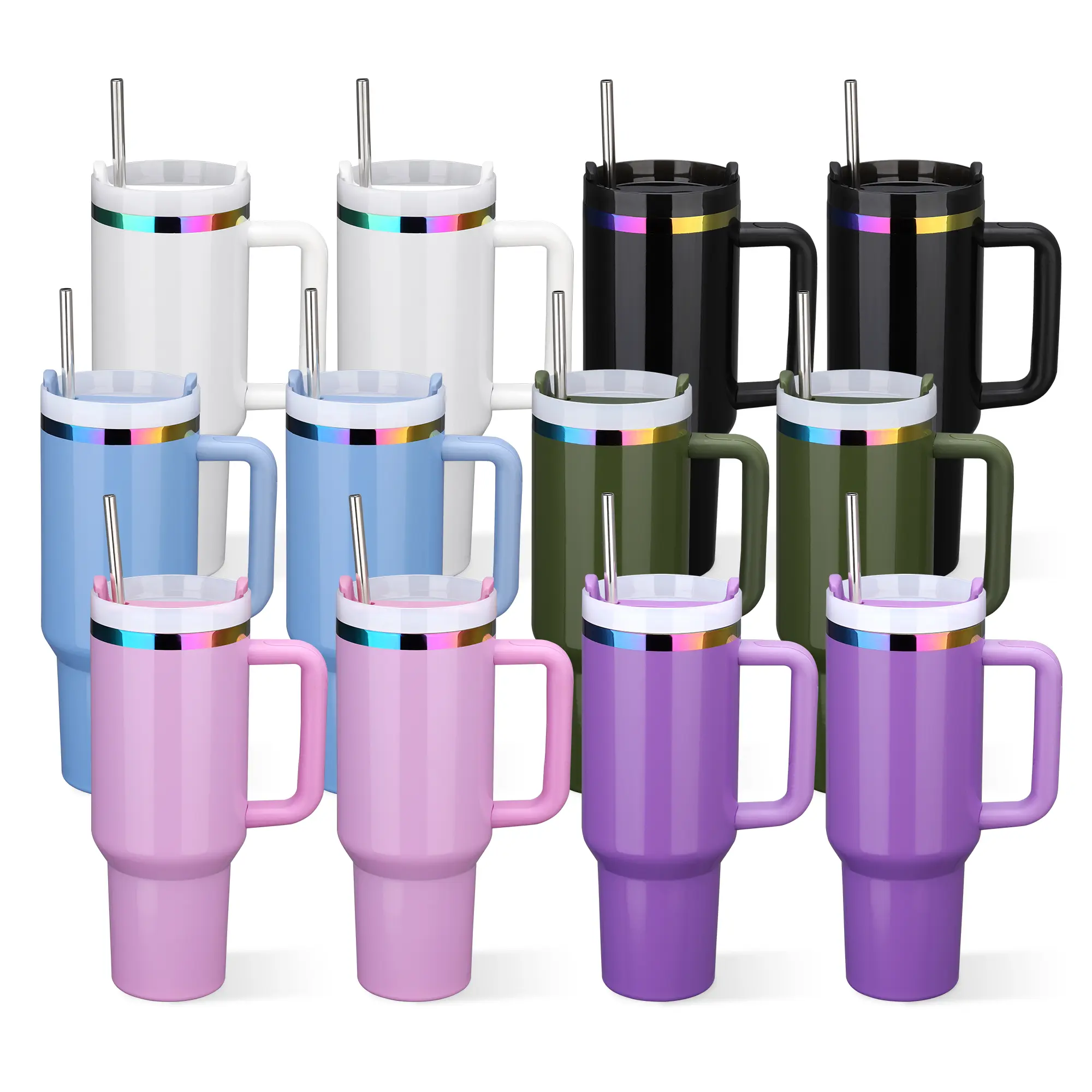 FASTSUB 12-Pack 40 oz Glossy Rainbow Plated Stainless Steel Double Wall Vacuum Insulated Flasks - Anti-Leak, Leak-Free, Temperature-Control Tumblers with Removable Handle for Laser Engraving Custom Design, Anti-Leak Vacuum Flasks, Leak-Free Vacuum Flasks