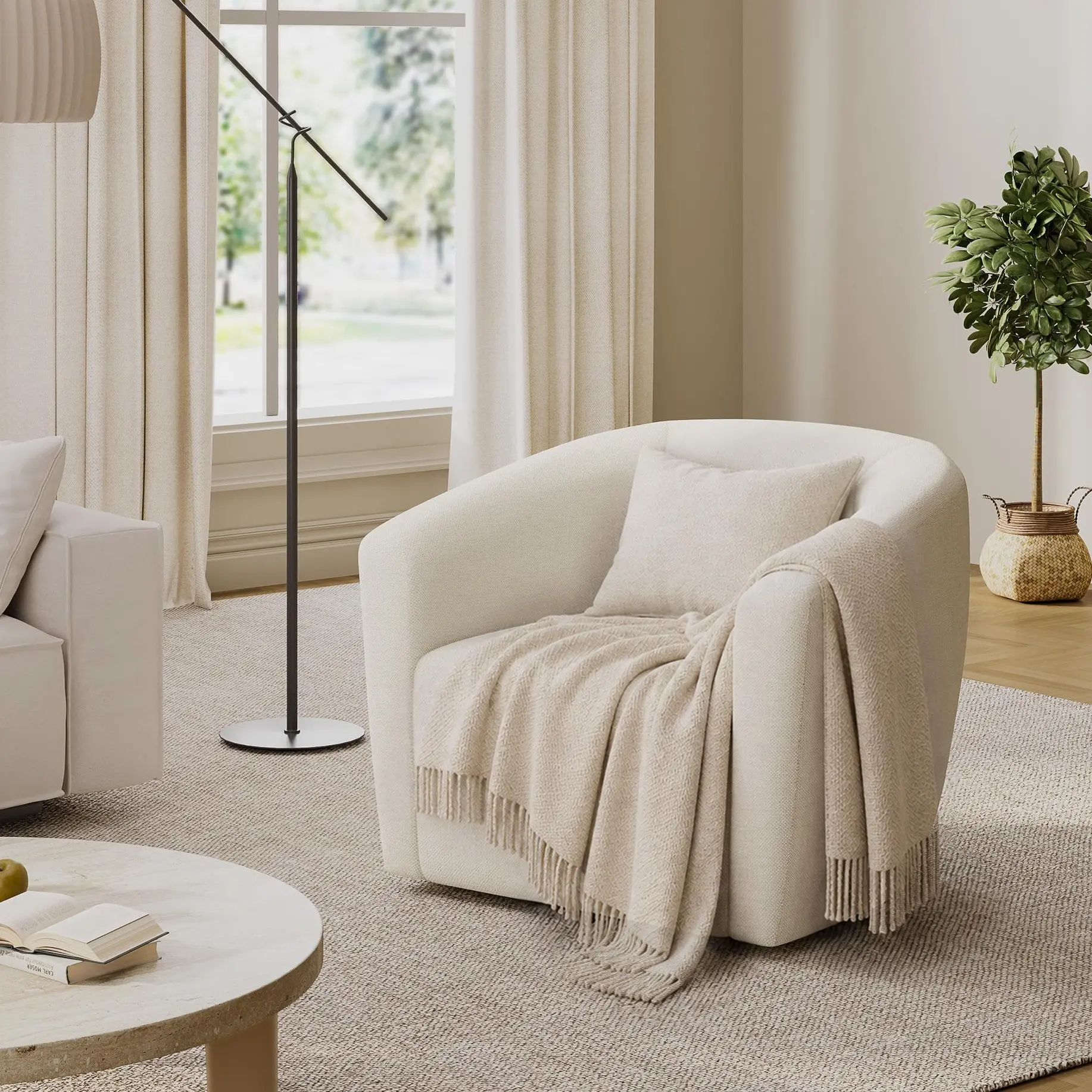 Aowos Swivel Accent Chair, Modern Barrel Armchair, Upholstered Fabric Boucle Chair, Comfy Single Sofa Chair for Living Room, Bedroom, and Office, Cream