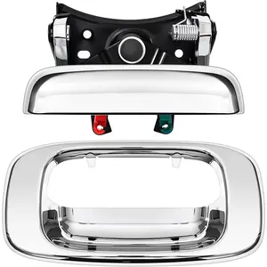 Tailgate Door Handle & Bezel Lock Set Replacements for 1999-2007 Chevy Silverado GMC Sierra 1500 2500 3500-Chrome Finish Handle w/Rod Clips - Replace# 15997911, 15228539, 15228541, 15228540