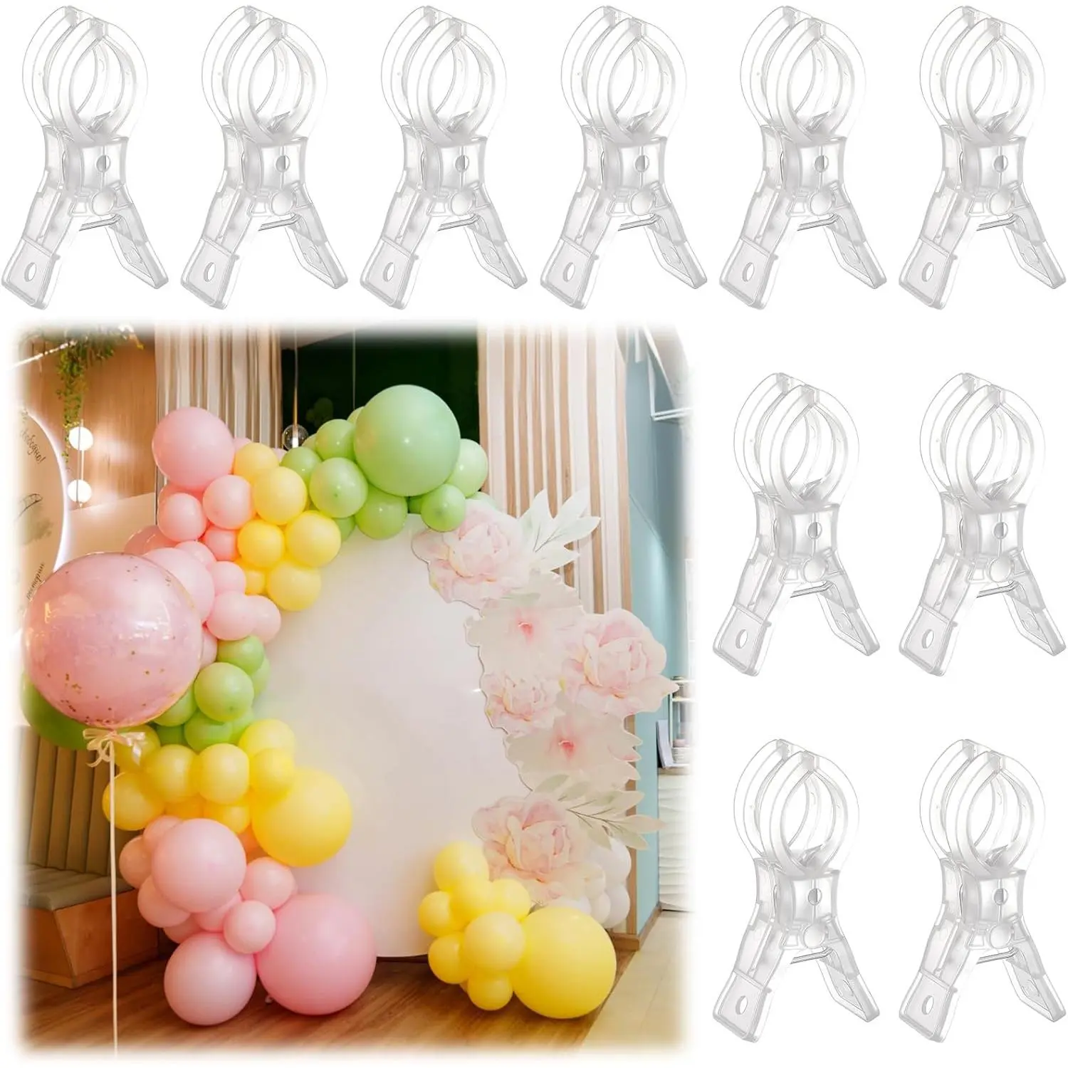 GJANSH 10 Pack Large Balloon Arch Clips Plastic Transparent Backdrop Spring Clamps 3.5 Inch Heavy Duty Clip for Balloon Arch Kit Birthday Decoration Crafts Woodworking Photography Studios (Clear)