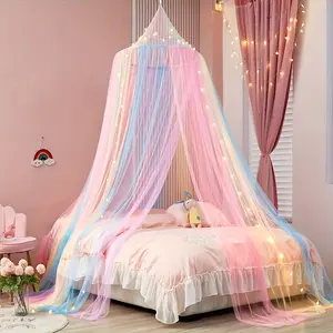 1pc Large Rainbow Canopy Bed Cover with Mosquito Net, Mosquito Netting - Pastel Pink & Tulle Bed Curtain, Soft Pastel Colors (Pink, Purple, Yellow, Green) - Bedroom Decor For Single, Queen, King Beds - Easy Hand Wash Care, Bedroom Decor