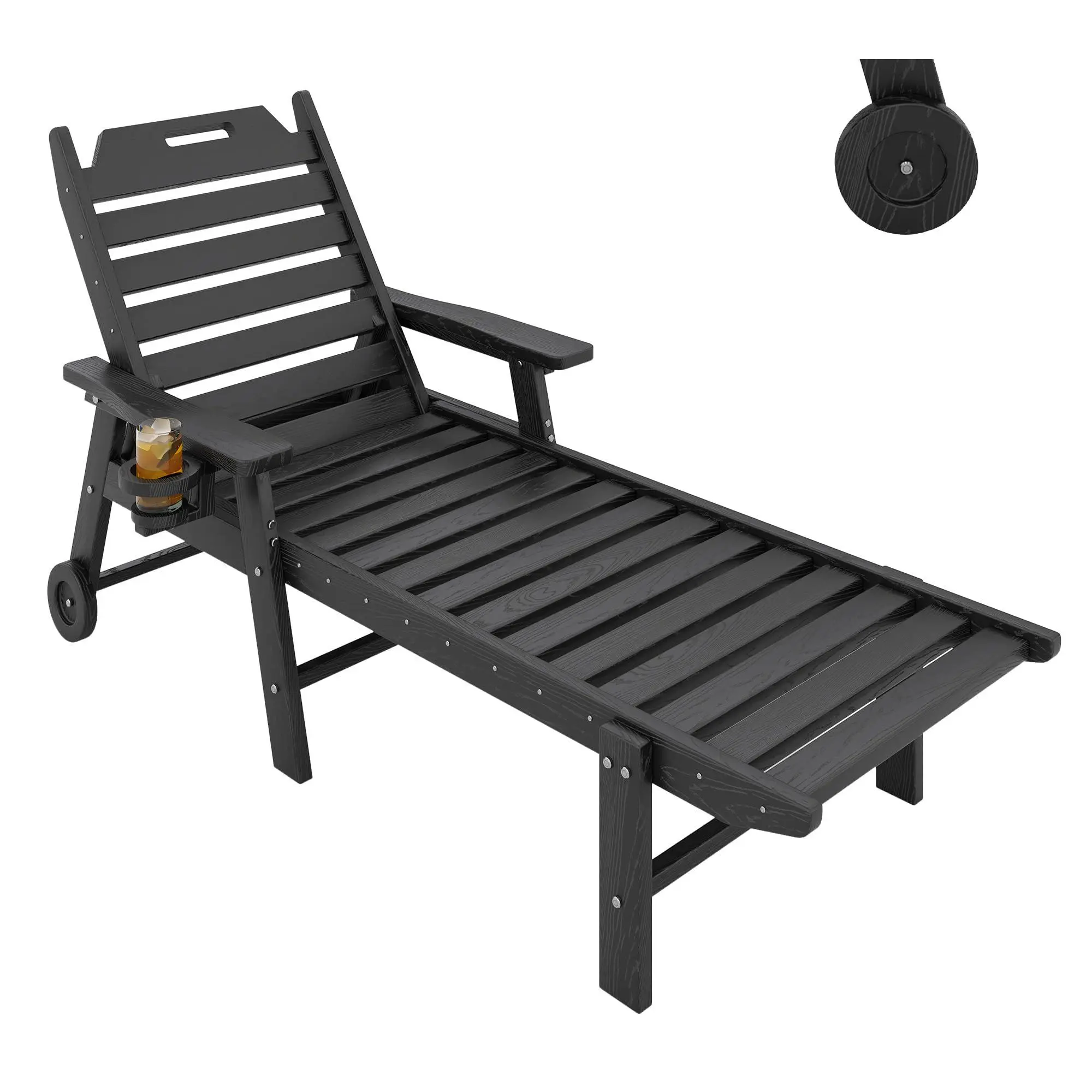 GARVEE HDPE Plastic Outdoor Chaise Lounge Chair - Wood Texture, 5-Position Backrest, Built-In Cup Holder, Rolling Wheels for Patio, Poolside (All-Weather, Black)