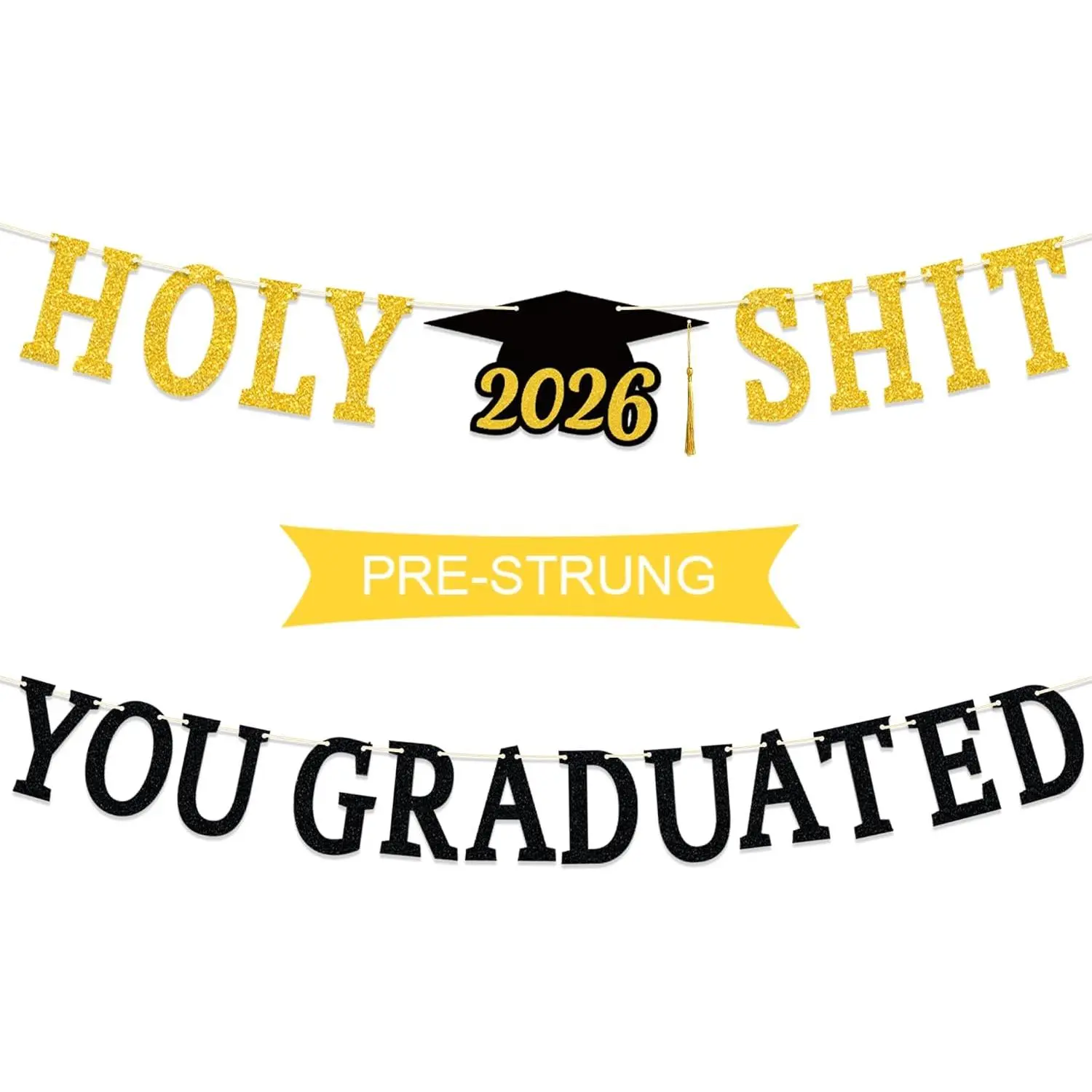 Funny "Holy Shit You Graduated" Black Gold Banner, Class of 2026 High School College Graduation Party Decorations, Wedding Event Backdrop Supply