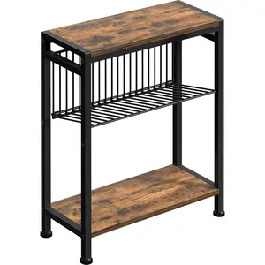 Small Side Table for Small Space, 3-Tier Narrow End Table with Magazine Holder,Slim Nightstand, Skinny Snack Couch Table in Living Room, Bedroom Study and Balcony (Rustic Brown &Black)
