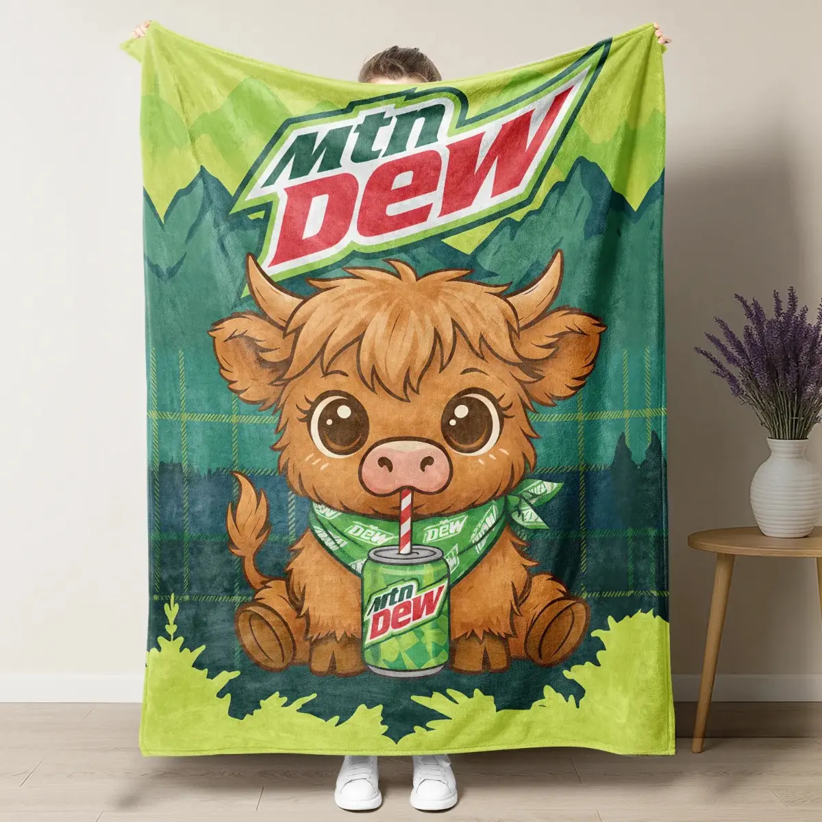 Mtn Dew Cute Highland Cow Plush Blanket,artoon Highland Cow Drinking Mountain Dew Graphic Soft Fleece Throw Blanket, Perfect for Mtn Dew Fans, Cow Lovers & Cozy Home Decor pr flag