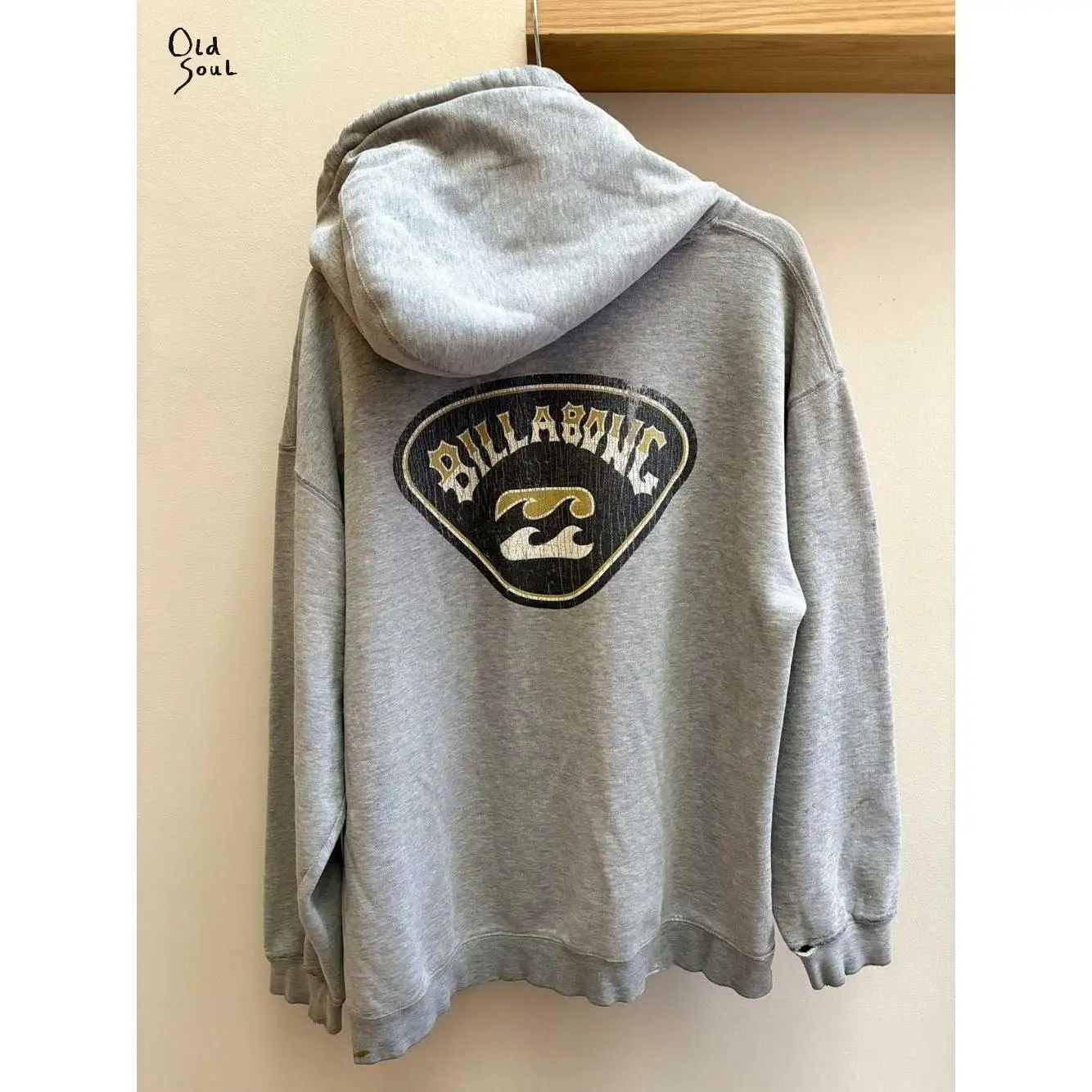 (2 side) Billabong VTG Y2K Grey Distressed Surf Logo Heavyweight Hoodie, Soft Streetwear Top by Old Soul Outfitters, USA-Made & Printed Apparel	