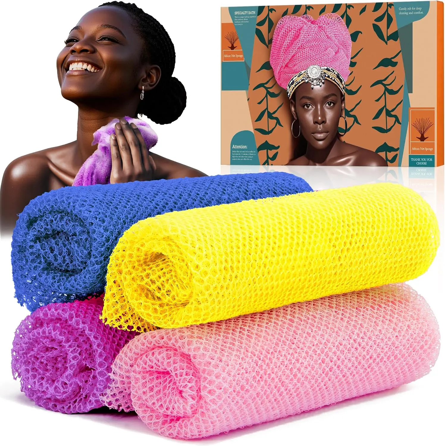 4 Pieces African Net Sponge Authentic Shower loofah exfoliating Body Scrubber Face Washcloth for Cleansing & Gentle Daily Exfoliation Travel wash Cloth Easy to Reach Your Back