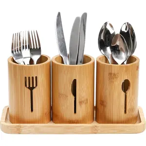 Silverware Holder, Bamboo Utensil Organizer with Tray, Kitchen Cutlery Flatware Holder Organizer for Spoons, Knives and Forks, Ideal for Kitchen and Restaurant