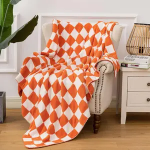 Cozy Knit Throw Blanket - Soft & Warm Checkerboard Grid Pattern for Couch, Bed - Gift for, Mom, Daughter (50x60 in, Orange)