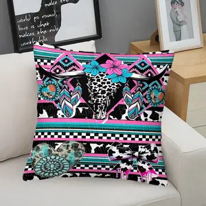 Bohemian Patchwork Throw Pillow With Inner Cushion, Home Decorative Cushion, 45cm Square, Zipper Closure, Featuring Cow Skull, Feather, Cow Print, Soft Decor For Bedroom & Sofa, Vintage Furnishings