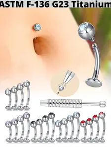 1 piece Titanium Zirconia Internally Threaded Floating Navel Ring, Stylish Flat Rhinestone Belly Button Ring, Navel Barbell 8/10/12/14mm, 14G Body Piercing Jewelry, Unisex