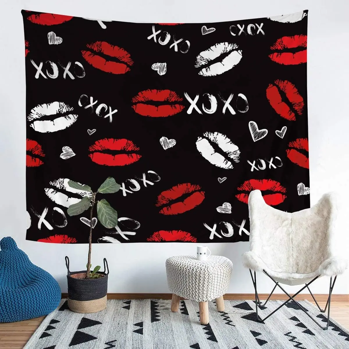 Feelyou Large Soft Wall Tapestry - Feminine Red Lips, White Lipstick, Sexy Kiss Print, 59inW x 82inL Lightweight Home Textile, Machine Washable Room Home Decor Item, Feminine Tapestries, Girly Tapestries