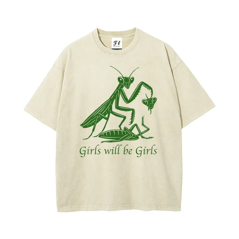 Menswear Vintage Washed Graphic T-Shirt - Unisex Baggy Oversized Loose 100% Cotton Fabric Top with Round Neck, Short Sleeve, "Girls Will Be Girls" Print, Retro Streetwear Fashion